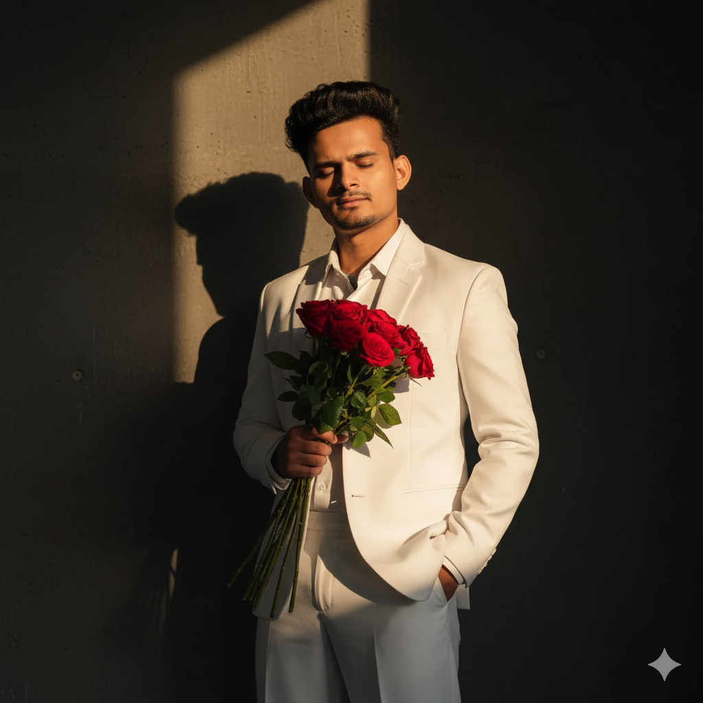 In white suit with Red flower